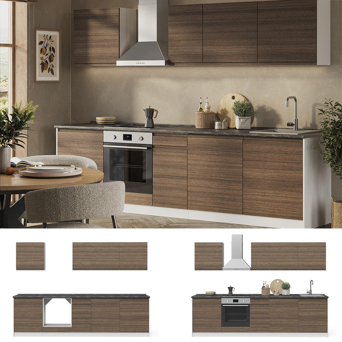 KÜCHENZEILE R-Line, Tabak-Walnuss/Weiß, 280 cm Arbeitsplatte Satin - Walnussfarben/Weiß, Holzwerkstoff (280/206.8/60cm) - Vicco