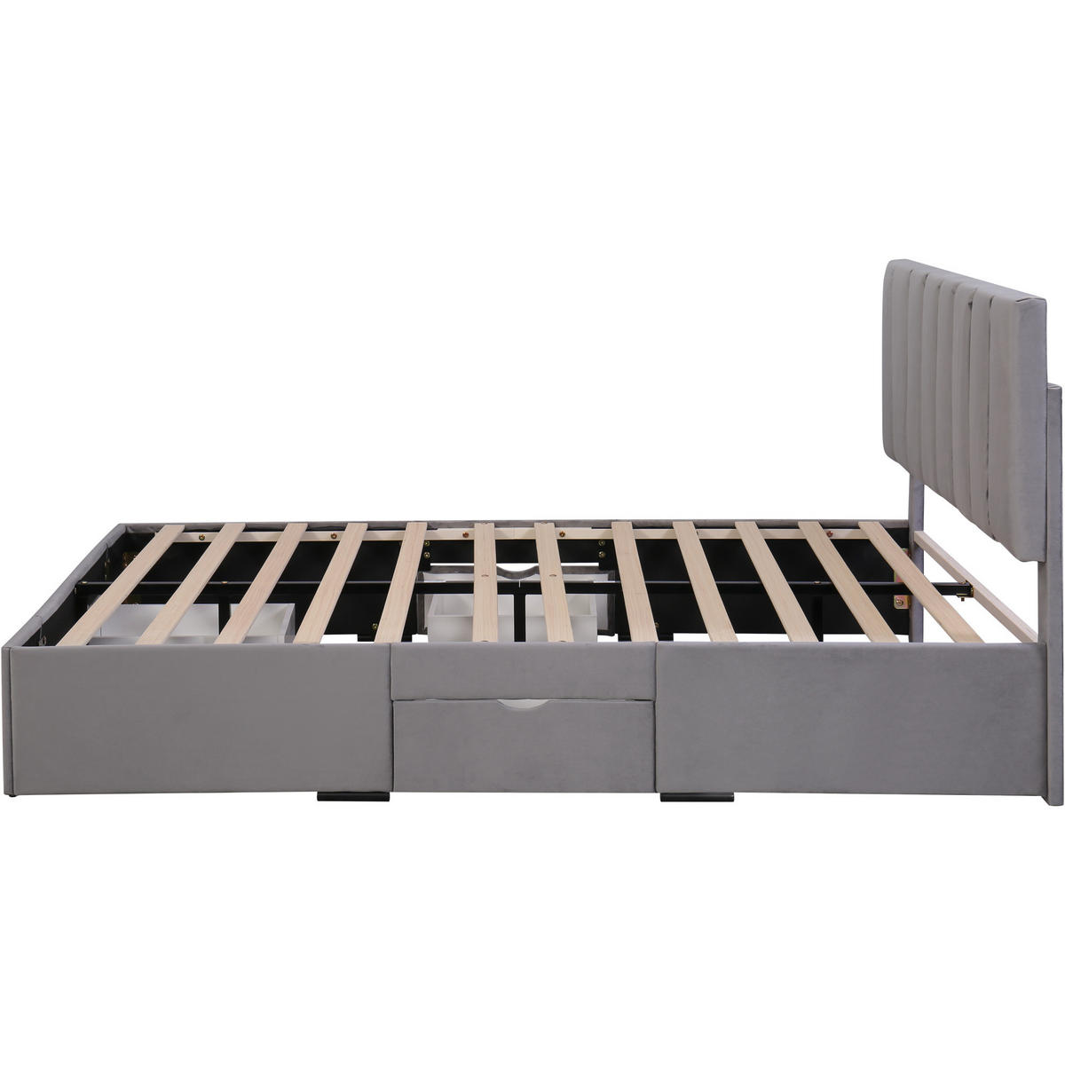 POLSTERBETT aus Samt 160x200 cm in Grau mit Lattenrost & 4 Schubladen - Grau, Textil (160/200cm) - Modfu