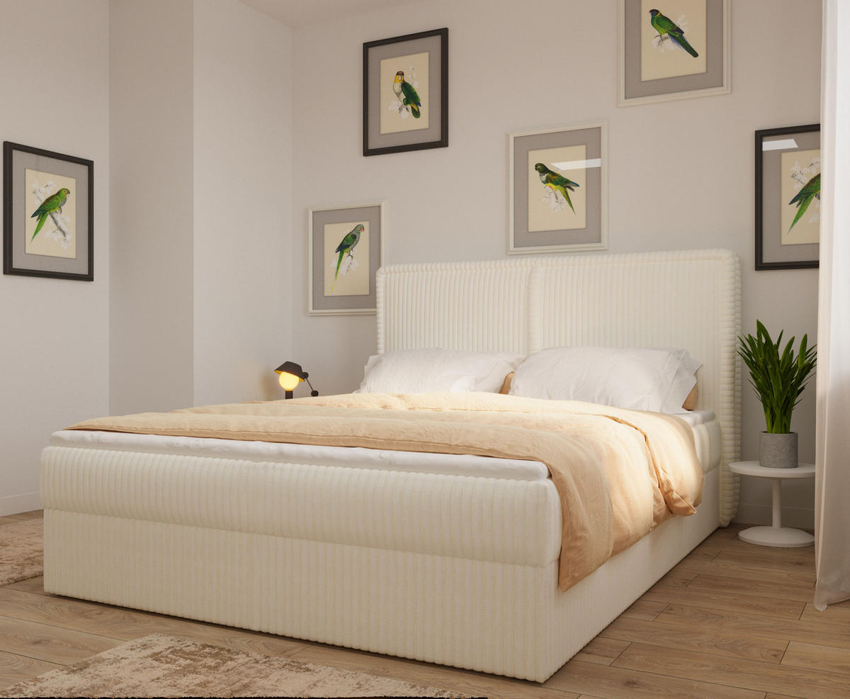 BOXBETT 04 140 x 200 cm - Ambience – Modernes Polsterbett mit Bettkasten, Topper und gepolstertem Kopfteil, Stoffbezug, Stauraumbett - Beige, Holz (140/200cm) - ROYAL24_MARKT