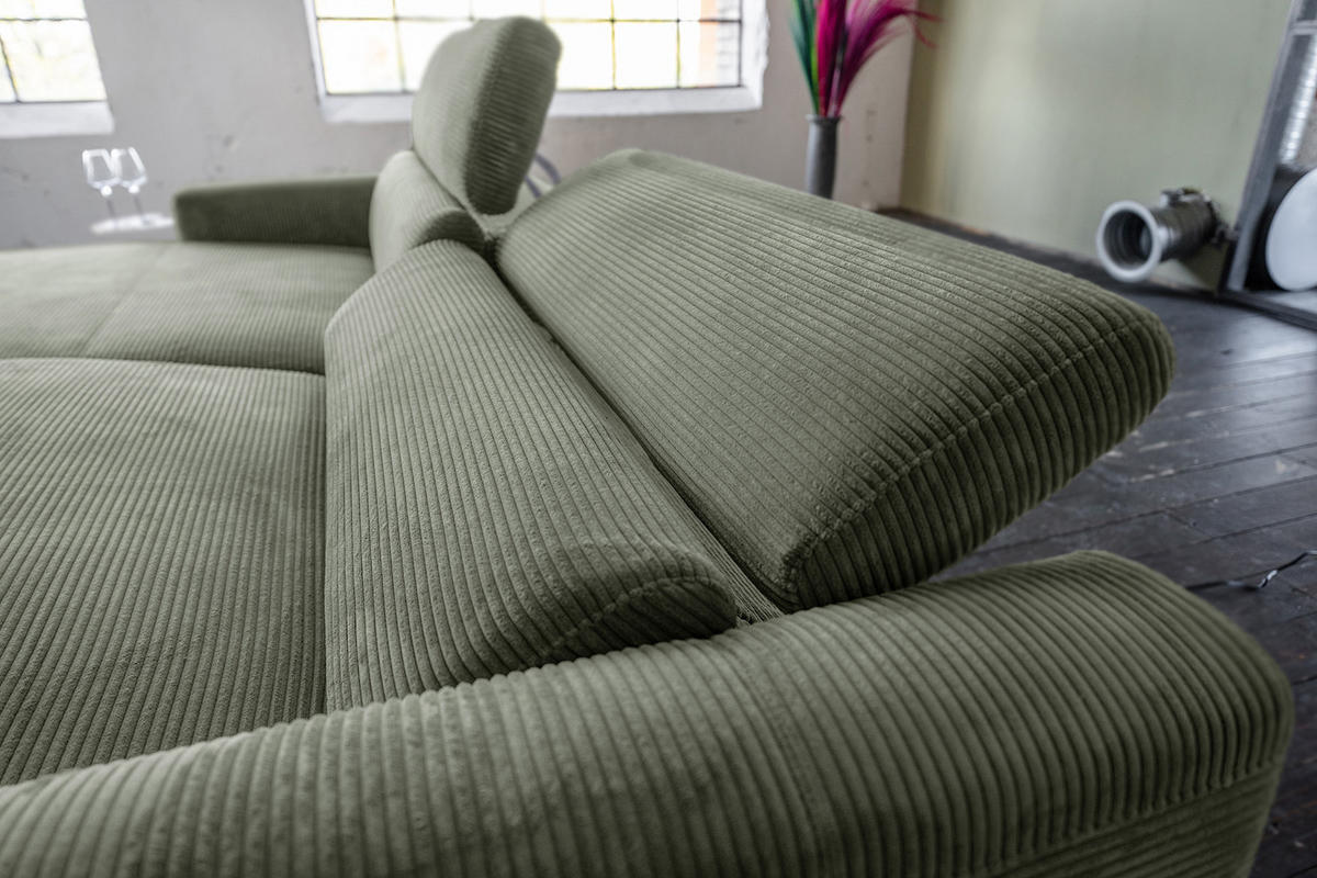 ECKSOFA LAISKA Grün Cord Relaxfunktion - Schwarz/Olivgrün, Textil/Metall (282/177cm) - KAWOLA