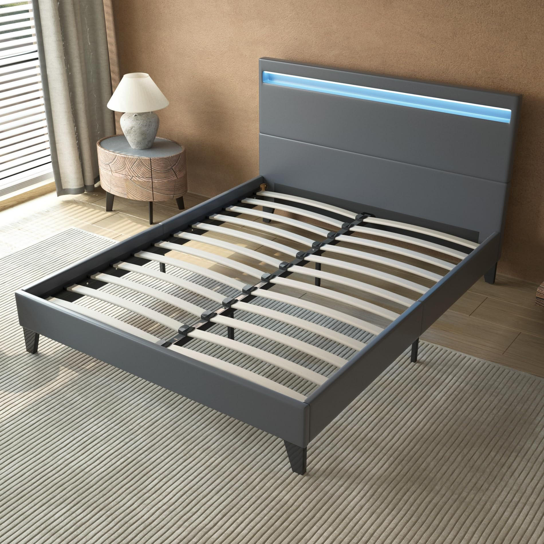 BETT 160x200 cm mit Kopfteil aus grauem Kunstleder - Grau, Naturmaterialien (160/200cm) - November Sleep