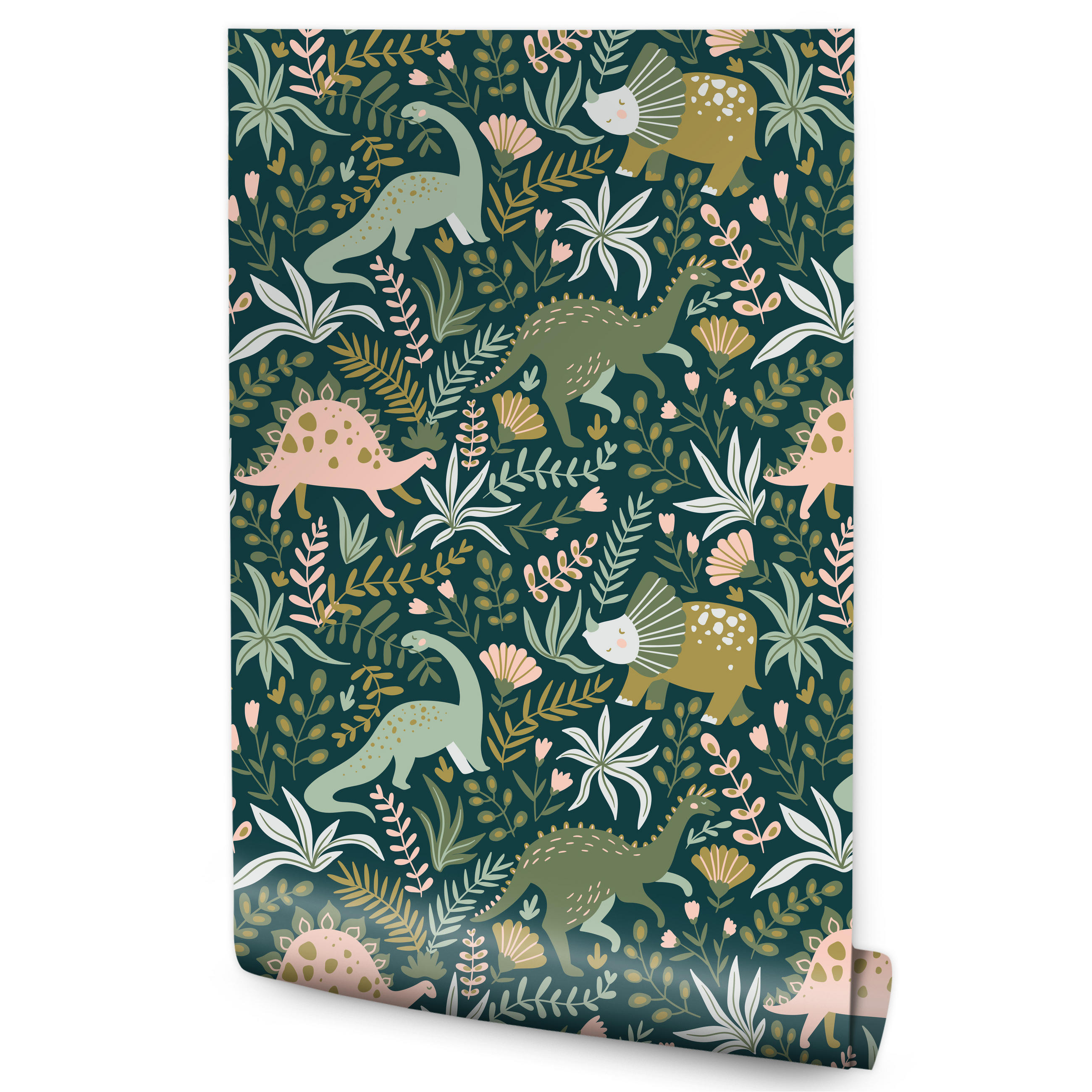 VLIESTAPETE Dinosaurier und Blätter – Grün, Beige, Petrol – 50x1000 cm - Beige/Petrol, Papier (50/1000cm) - Muralo