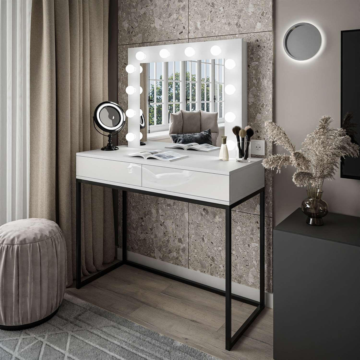 SCHMINKTISCH BLANCO LOFT mit Spiegel und Beleuchtung Weiß Hochglanz PUSH OPEN - Weiß Hochglanz/Schwarz, Holzwerkstoff (100/146/42cm) - Lookway