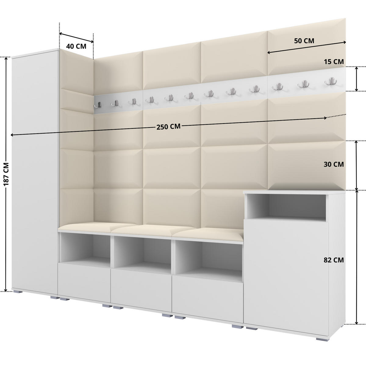 GARDEROBE NELA XI 250 cm (Modulare Flurmöbel Weiß mit Sitzpolster Creme 01 Großes Set) - Silberfarben/Creme, Holz/Holzwerkstoff (250/187/40cm) - Ravio