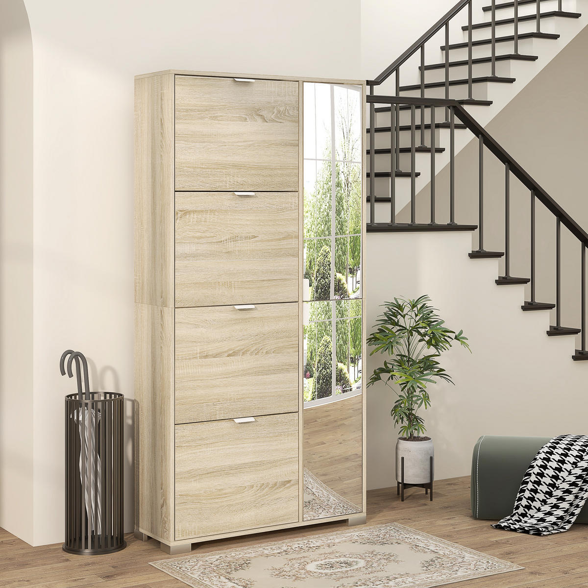 SCHUHSCHRANK DE-15005 4 Klapptüren & 2 Spiegel-Schränke Natur - Eichefarben, Holzwerkstoff (82/168/30cm) - ComfortXL