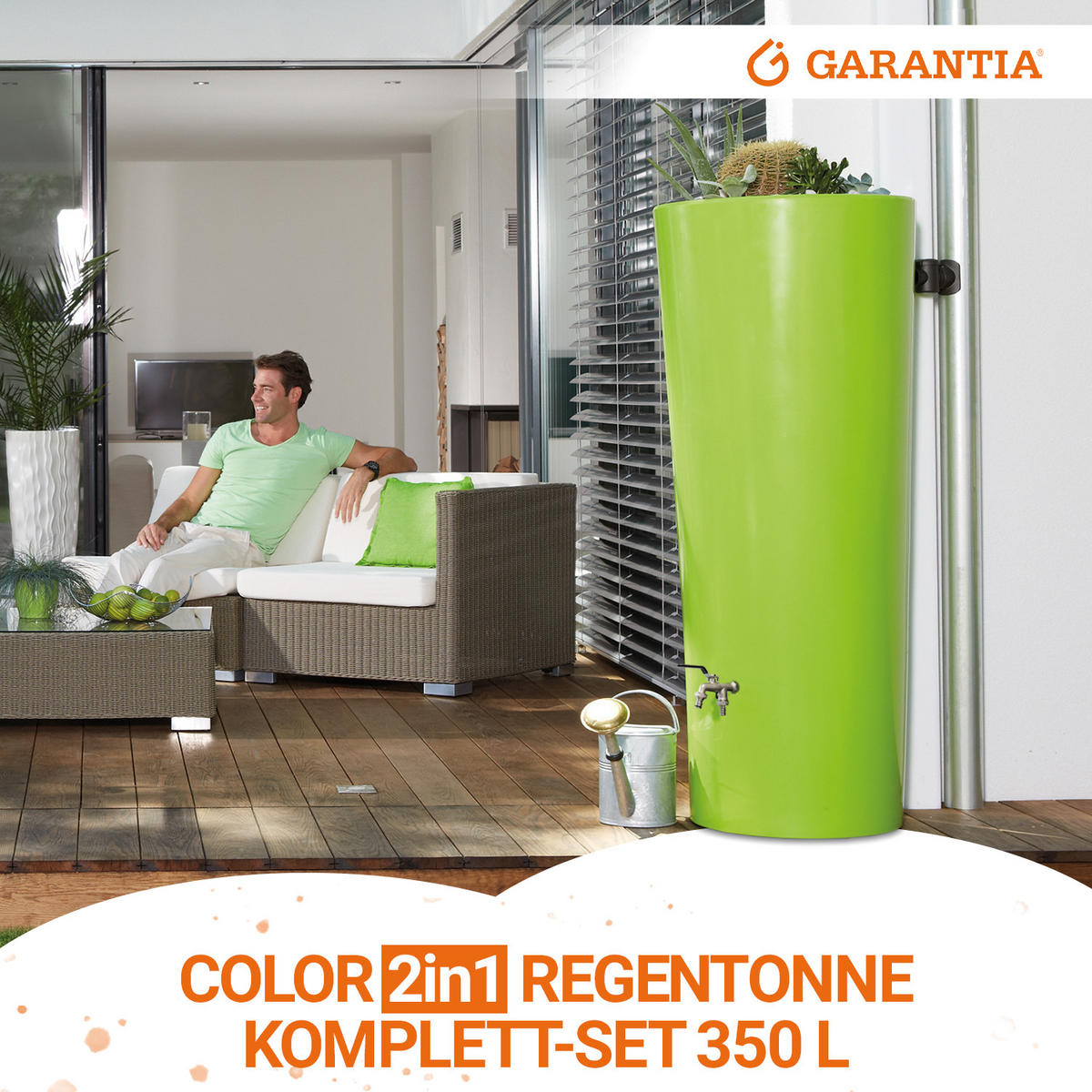 2IN1 Regentonne Komplett-Set 350 L, apple inkl. Chrom-Doppelauslaufhahn und Fallrohranschluss - Grün, Kunststoff (62/150/80cm) - GARANTIA