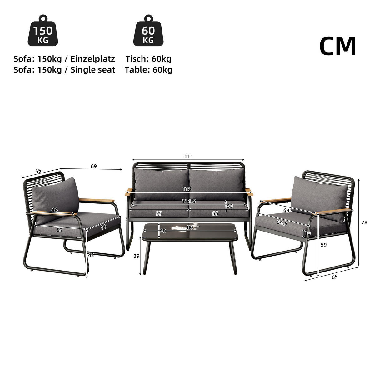 GARTENMÖBEL 118x65x78cm schwarz, feuerverzinkt, mit Glas und Kissen - Schwarz, Metall - Modfu