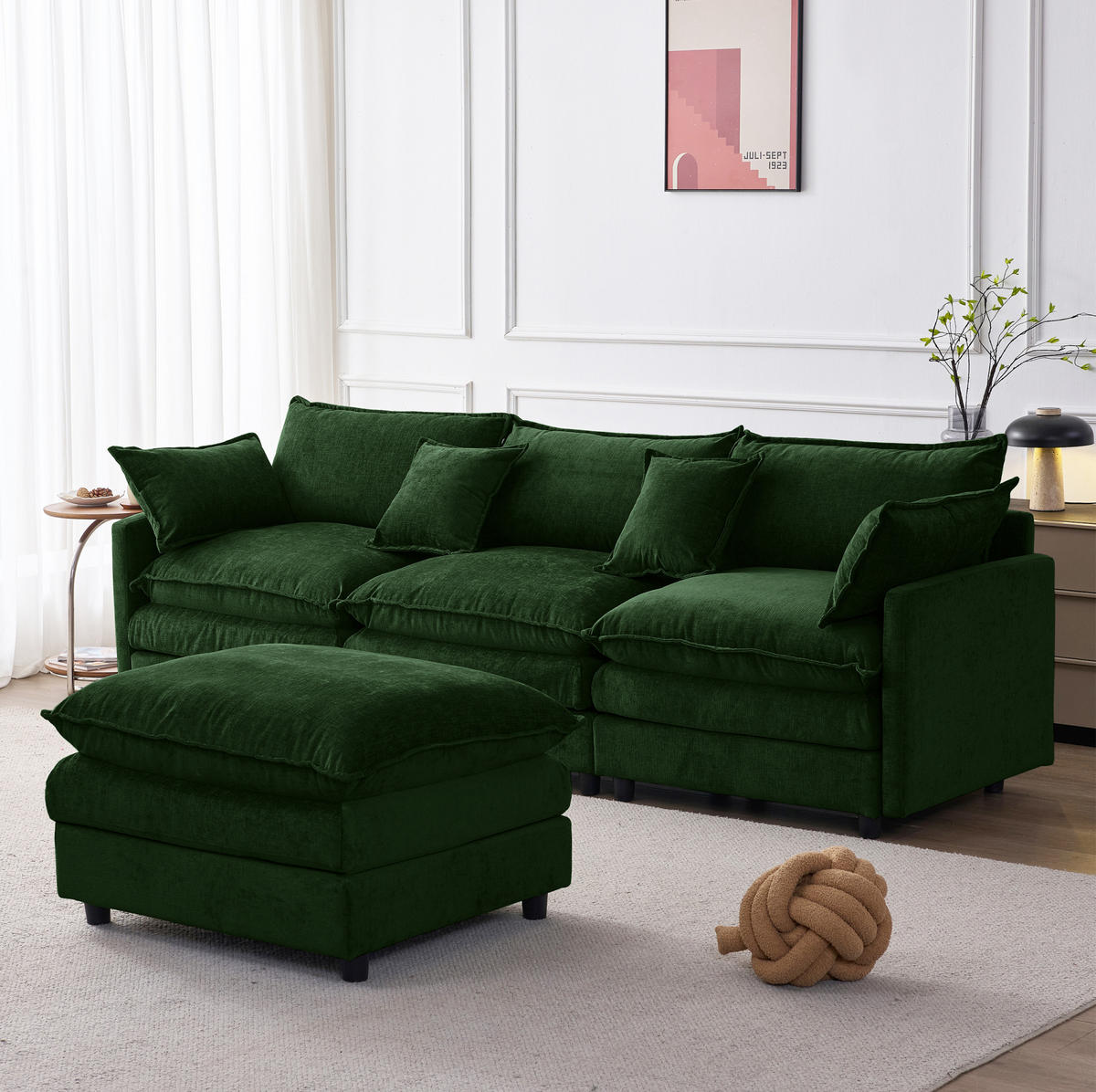 ECKSOFA 253/180/83 cm aus Chenille mit modularem Hocker Grün - Grün, Textil (154/267cm) - Modenvie