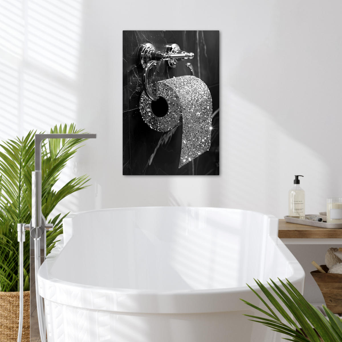 LEINWANDBILD WC - Toilettenpapier - Schwarz und weiß - Glitter 40x60 cm - Silberfarben, Textil (40/60cm) - MuchoWow