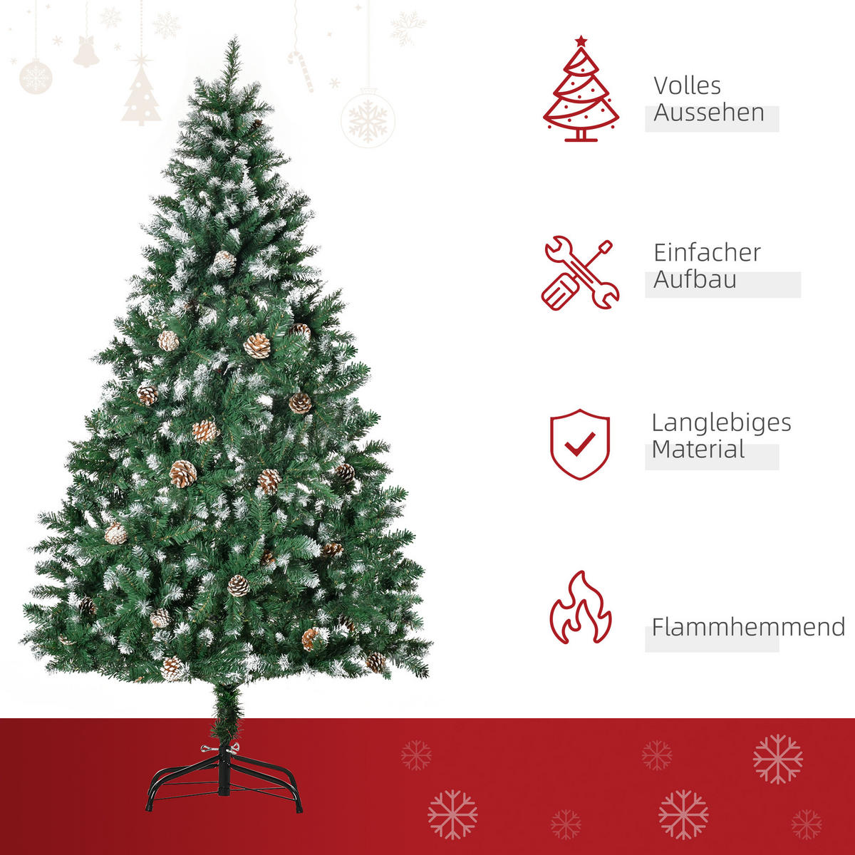 KÜNSTLICHER-WEIHNACHTSBAUM 180 cm Kieferbaum künstlich mit 59 Zapfen, Schnee - Grün, Kunststoff (180cm) - HOMCOM