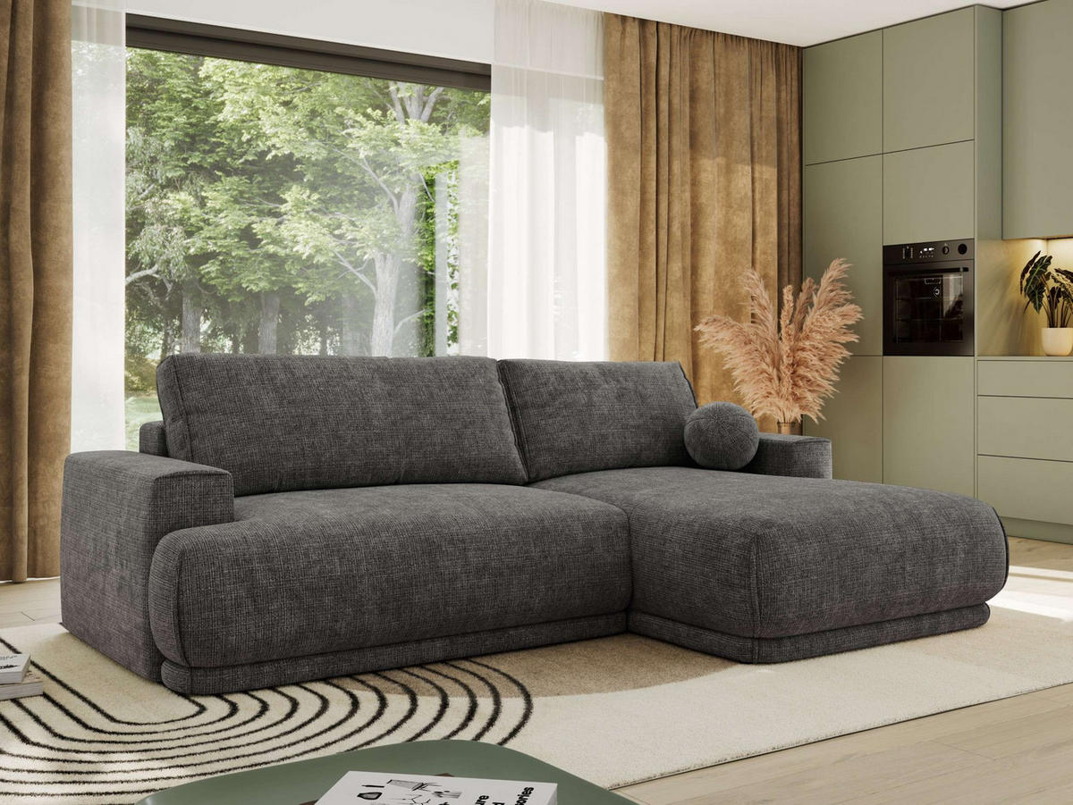 ECKSCHLAFSOFA RINA L Grau Schenille grob gewebt - rechts - Schwarz/Grau, Kunststoff/Textil (170/267cm) - MKS