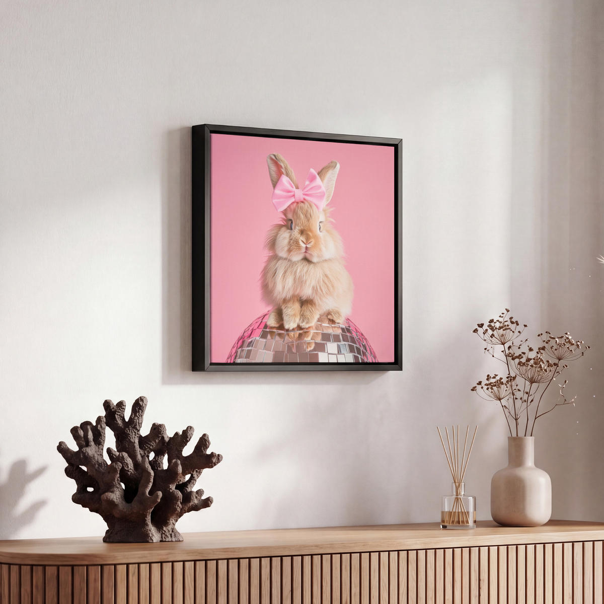 LEINWAND Bilder mit Rahmen - Schleife - Discoball - Kaninchen - 20x20 - Pink, Textil (20/20cm) - MuchoWow