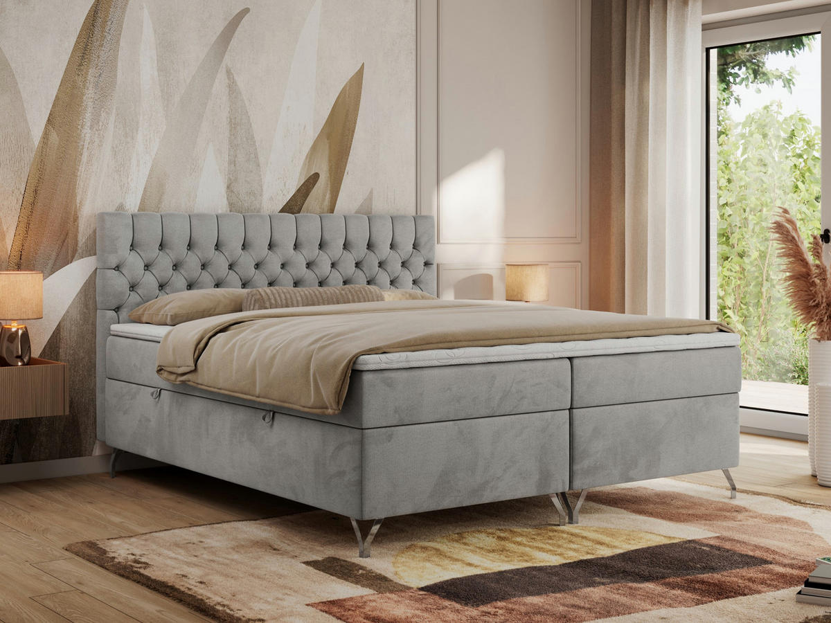 BOXBETT GRIMALDI 180/200 Hellgrau Velvet - H4 - Hellgrau, Holz/Textil (180/200cm) - MKS