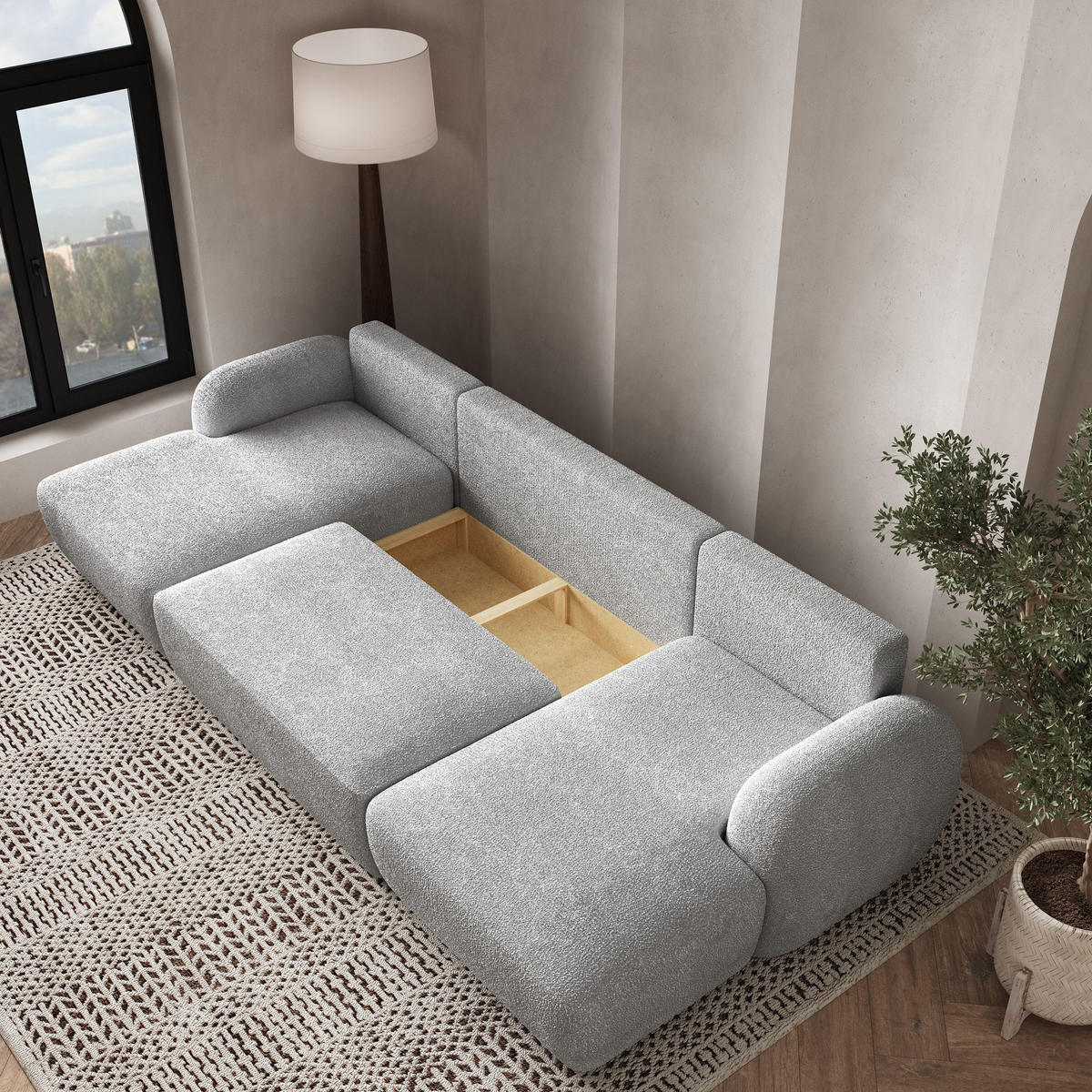 WOHNLANDSCHAFT SAVONA N Beige Boucle-Stoff mit Schlaffunktion - Beige, Holz (350/90/148cm) - MASSENO