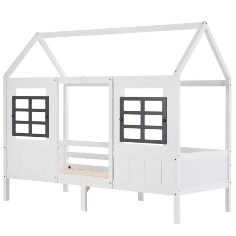 HAUSBETT 207x97x174 mit 2 Fenster-Design und grauem Gitter, stabile Mittelstützen, sichere Schutzbügel, weiß - Weiß, Holz (90/200cm) - Luhomfu