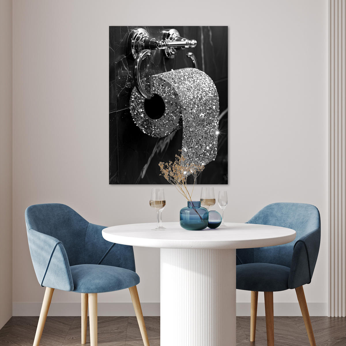 POSTER WC - Toilettenpapier - Schwarz und weiß - Glitter 60x80 cm - Silberfarben, Papier (60/80/0.1cm) - MuchoWow