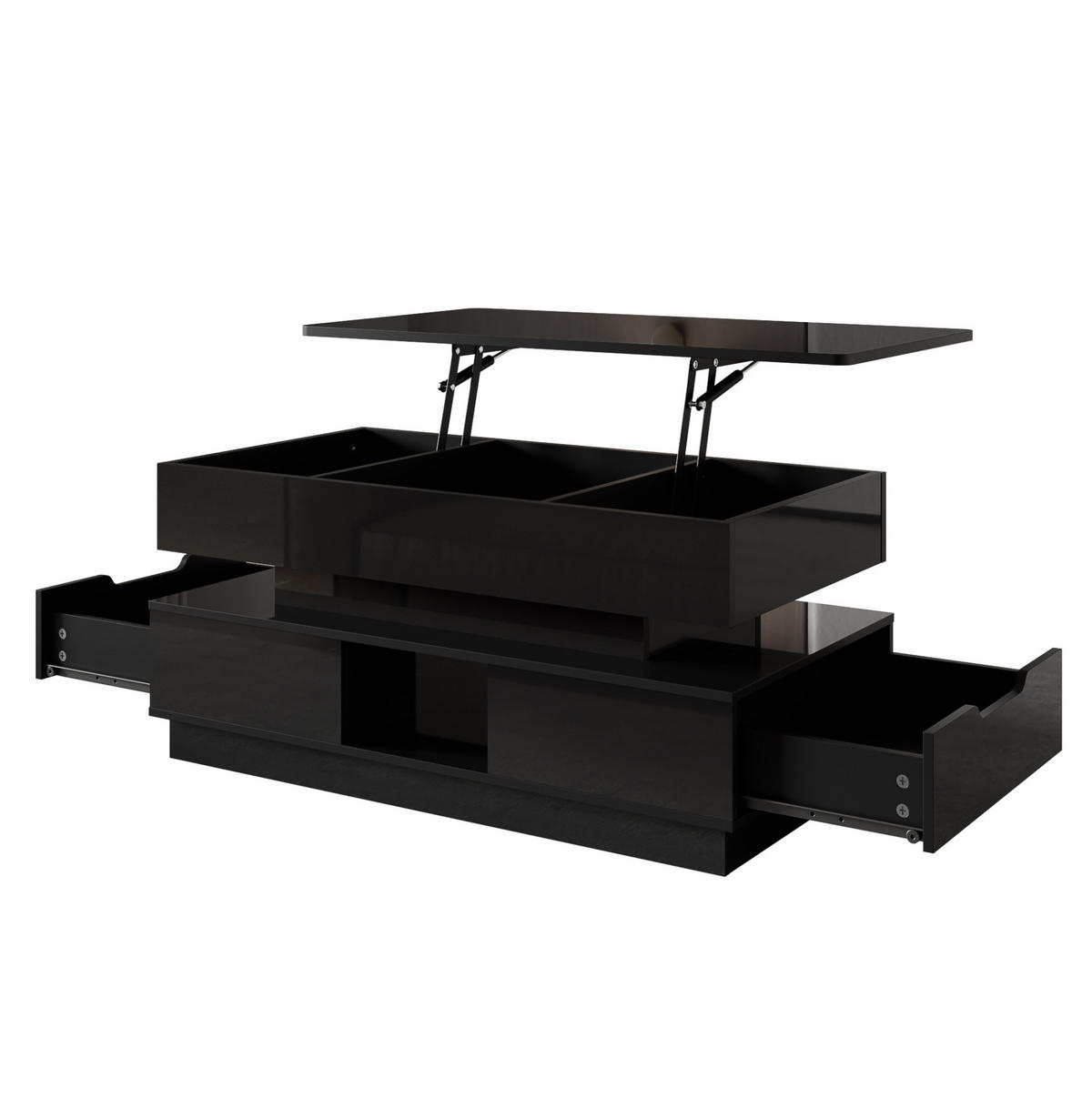 COUCHTISCH aus MDF 90x48x42,5 cm Schwarz hochglänzend mit Höhenverstellung, LED-Beleuchtung und Steckdose - Schwarz, Holzwerkstoff (90/48/42.5cm) - IVMEU