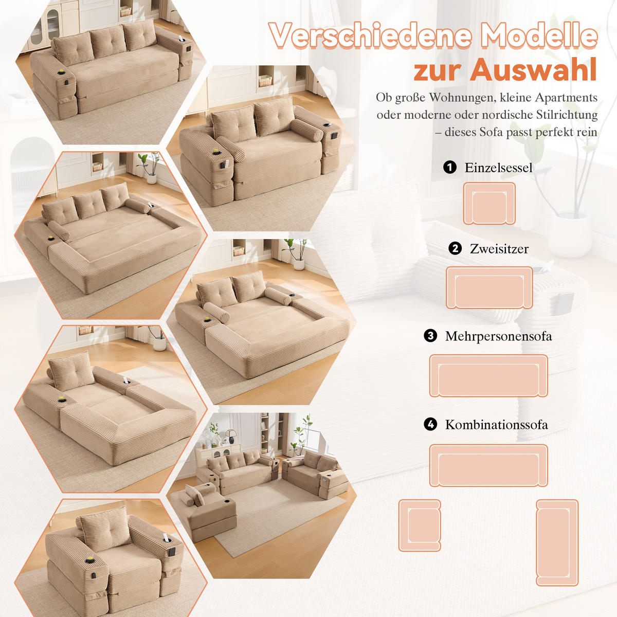 SCHLAFSOFA, 2-in-1 Klappsofa mit Getränkehalter, Modulares Bodensofa Cordstoff, Khaki - Hellbraun, Textil (232/80/98cm) - LVHOM