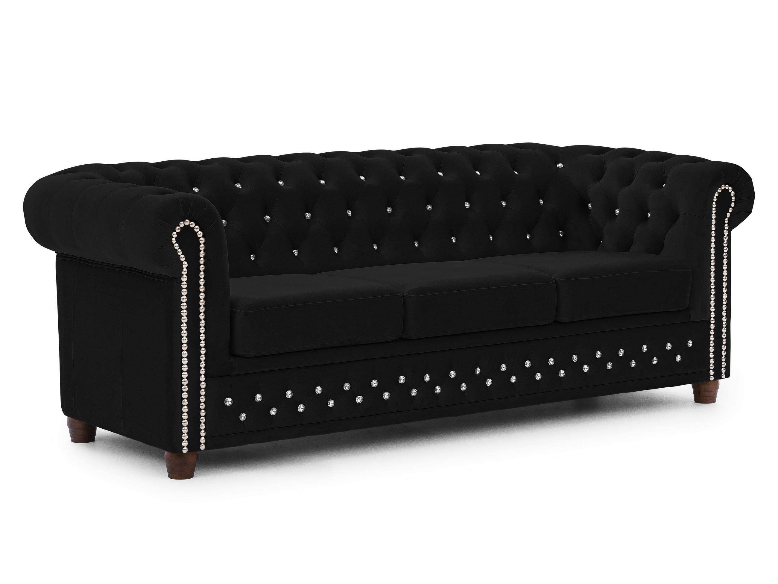 CHESTERFIELD-SOFA 3-sitzer Cleo Blink Schwarz Samt mit Kristallsteppung und braunen Massivholzfüßen - Schwarz/Braun, Holz/Textil (203/72/86cm) - S-Style Möbel