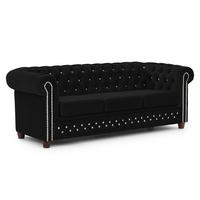 CHESTERFIELD-SOFA 3-sitzer Cleo Blink Schwarz Samt mit Kristallsteppung und braunen Massivholzfüßen - Schwarz/Braun, Holz/Textil (203/72/86cm) - S-Style Möbel