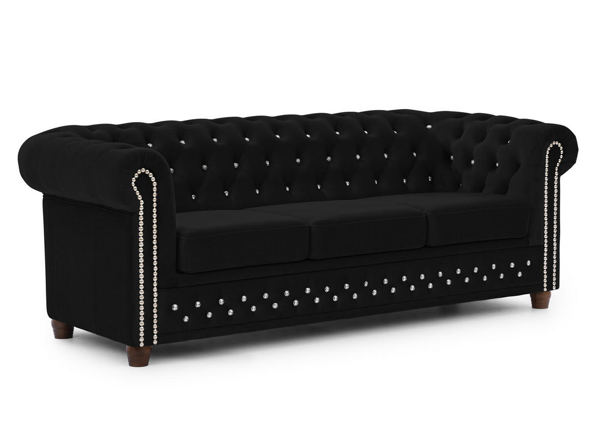 CHESTERFIELD-SOFA 3-sitzer Cleo Blink Schwarz Samt mit Kristallsteppung und braunen Massivholzfüßen - Schwarz/Braun, Holz/Textil (203/72/86cm) - S-Style Möbel