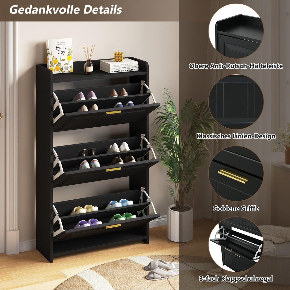SCHUHSCHRANK Schwarz MDF 6 Fächer 70x24x120cm Stauraum - Schwarz, Holzwerkstoff (24/120/70cm) - FLIEKS