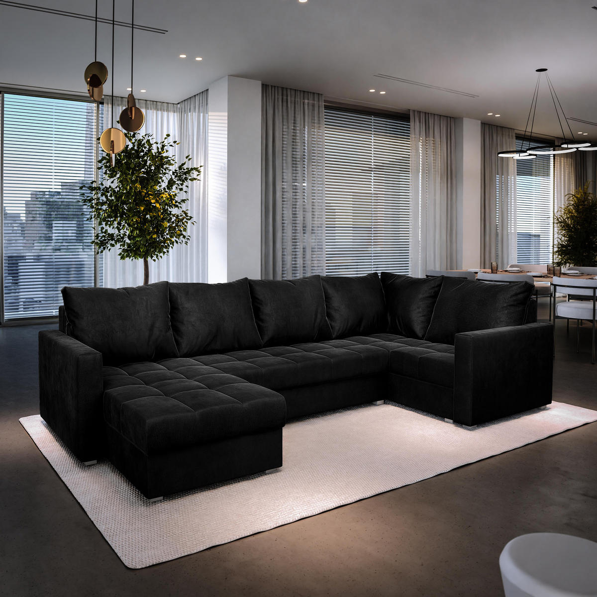 WOHNLANDSCHAFT LORIVO R-S Schwarz Plüsch-Stoff mit Schlaffunktion - Schwarz, Holz (285/85/150cm) - MASSENO
