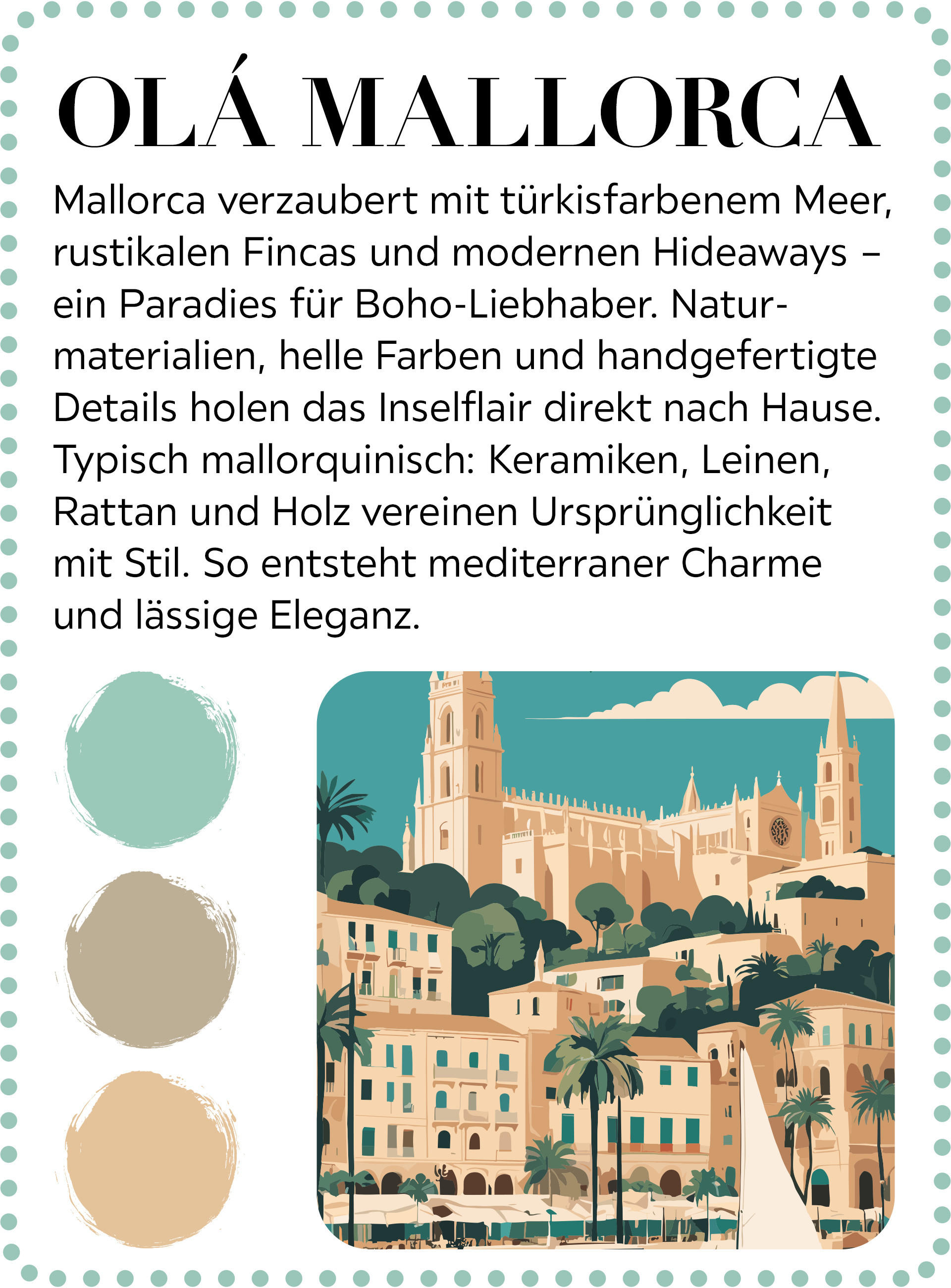 Illustration einer mediterranen Stadt mit Kathedrale, Palmen und pastellfarbenen Gebäuden, inspiriert von Mallorca
