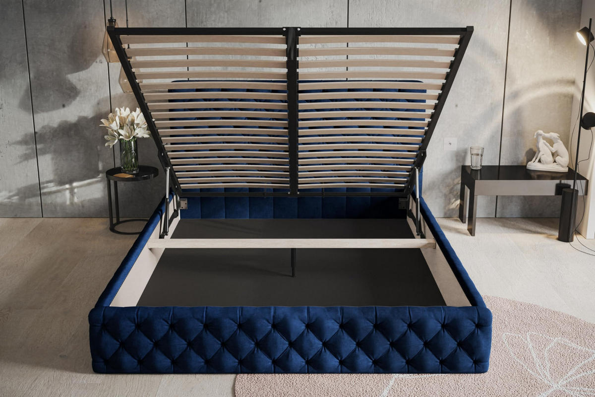BETT 90x200 - Polsterbett mit Bettkasten und Metallrahmen - Elegant Betten - Glatter Kronos-Stoff - Kollektion Miami, Blau - Blau, Holz/Textil (90/200cm) - Alpi-Möbel
