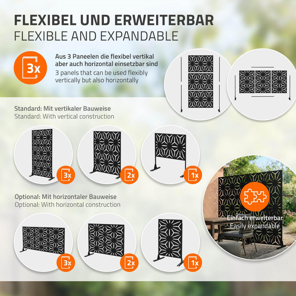 METALL-SICHTSCHUTZ Torino 90x180 cm Schwarz aus Stahl - Schwarz, Metall (90/183cm) - ML-DESIGN