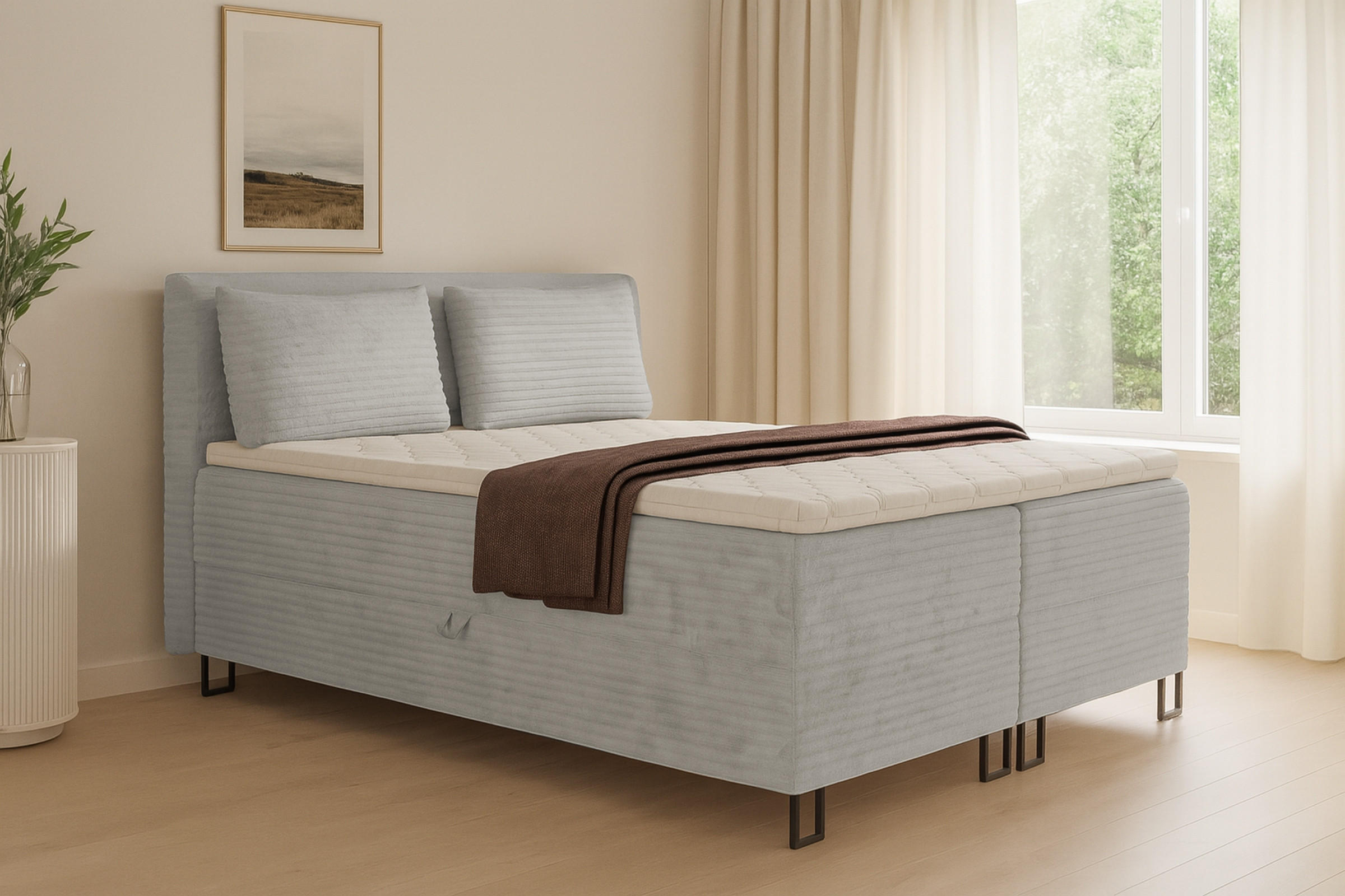 BOXBETT TEXAS 140/200 in Cord Hellgrau mit Taschen-Federkernmatratzen 7 Zonen H4 - Hellgrau, Holz/Holzwerkstoff (140/200cm) - Deine Möbel 24