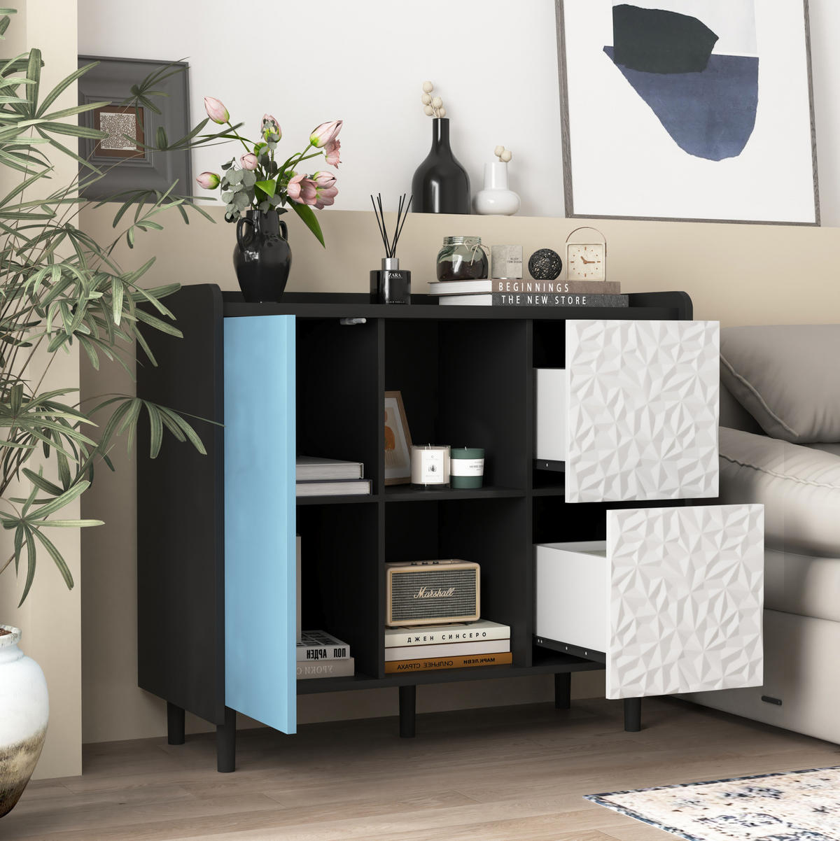 KOMODA 40/90/80 cm, MDF, černá/modrá, se zásuvkami a otevřeným úložným prostorem - černá, kompozitní dřevo (90/80/40cm) - BEAOK