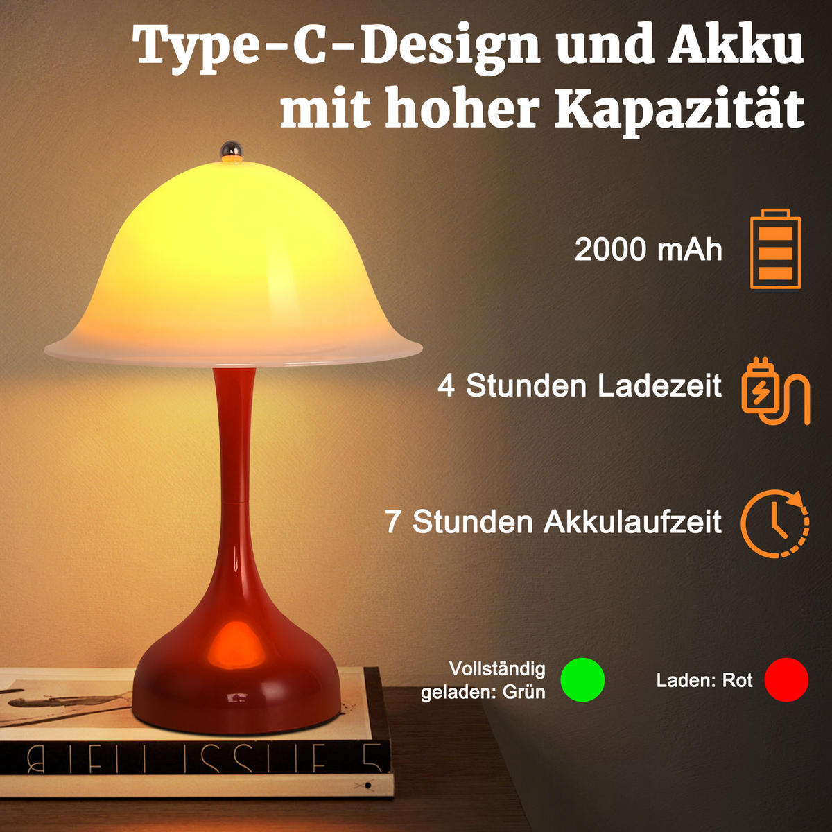 LED TISCHLAMPE Auralume 16/9/24.5 cm - Rot, Kunststoff (16/9/24.5cm) - ZMH
