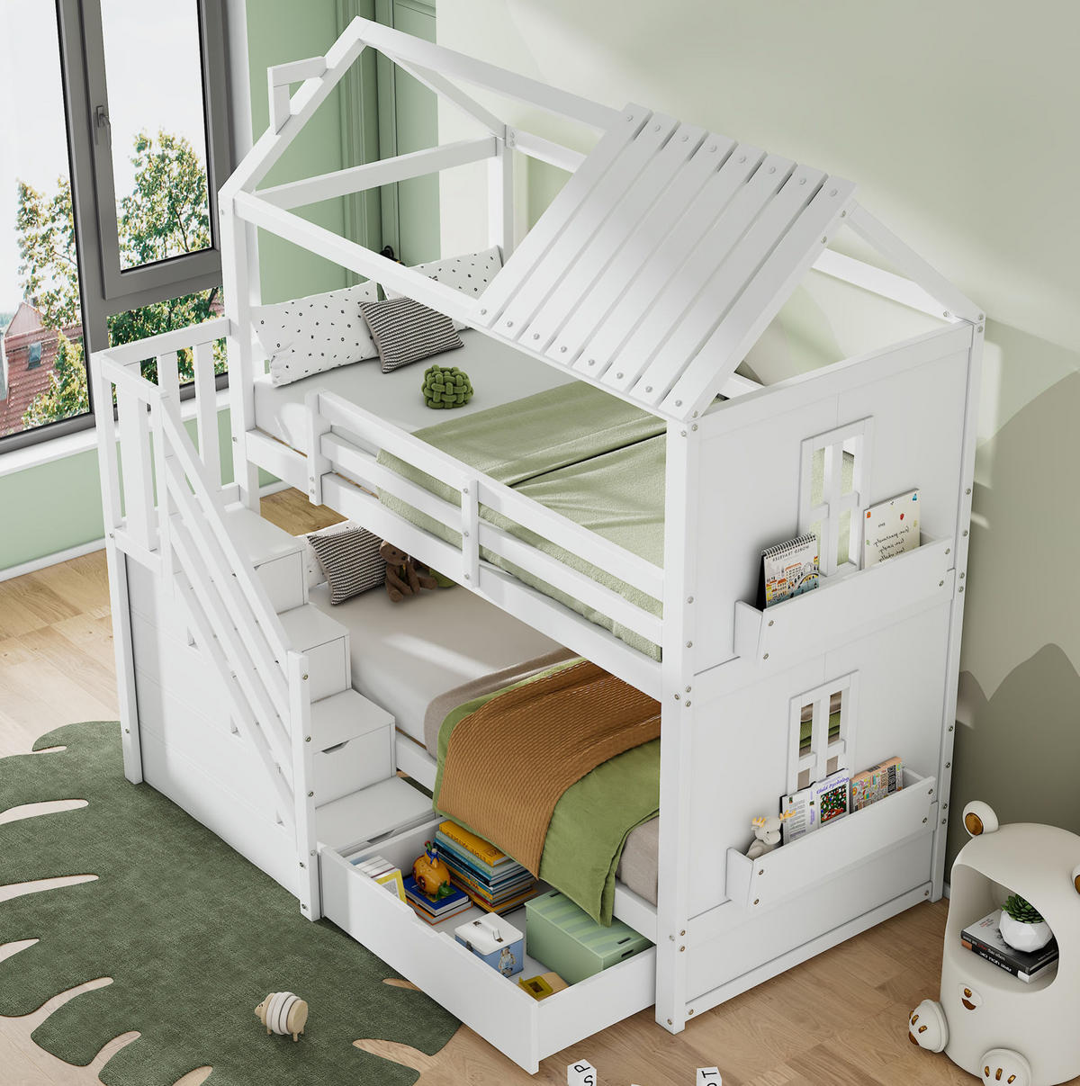 HAUSBETT 90/200 cm in Weiß mit Stauraumtreppe, Schubladen und Regalen - Weiß, Holz (90/200cm) - Flora Grace