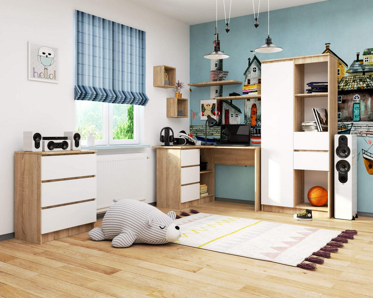 SCHREIBTISCH Eiche Sonoma, Weiß 77/124/85 - Weiß/Sonoma Eiche, Holzwerkstoff (85/124/77cm) - RAUMHIRSCH FURNITURE