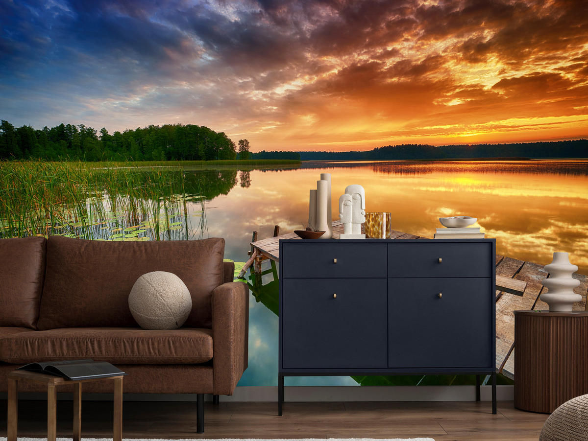FOTOTAPETE für Wohnzimmer Sonnenuntergang See Steg Bäume 100x70 - Gelb/Beige, Papier (100/70cm) - Muralo