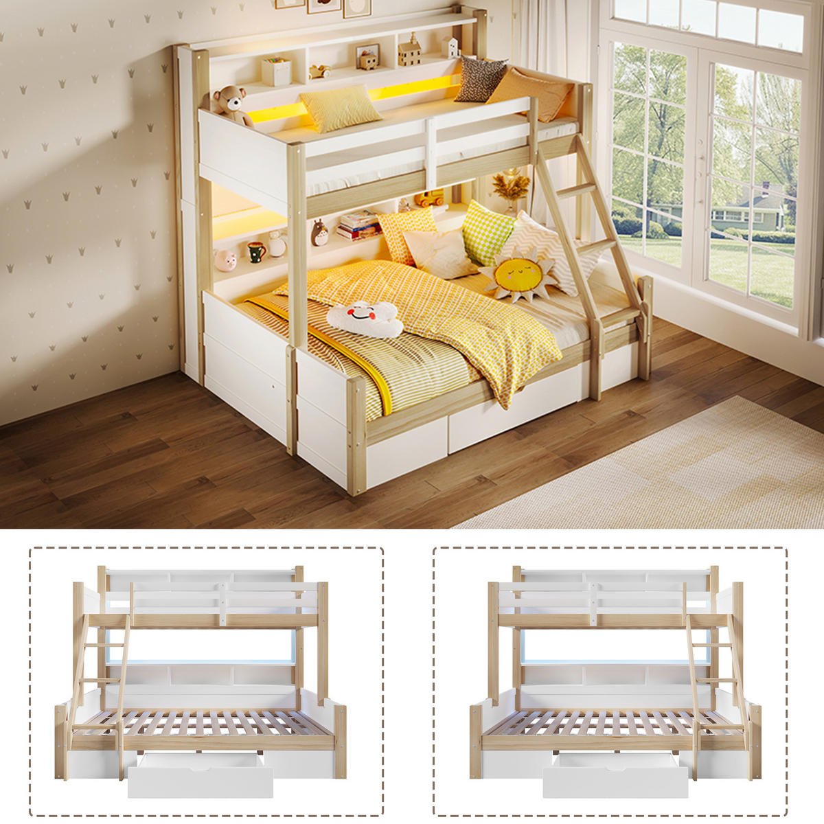 ETAGENBETT Etagenbett mit Schublade Weiß/Natur - Naturfarben, Holz (140/200cm) - ComfortXL