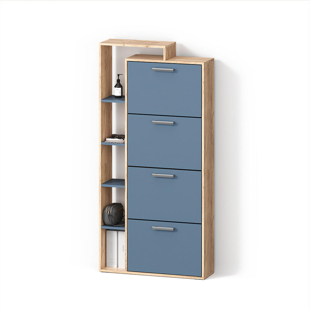SCHUHKIPPER Ortello Goldkraft Eiche/Blau 80 x 166.1 cm mit 4 Fächern - Eichefarben/Dunkelblau, Holzwerkstoff (80/166.1/24.2cm) - Livinity®