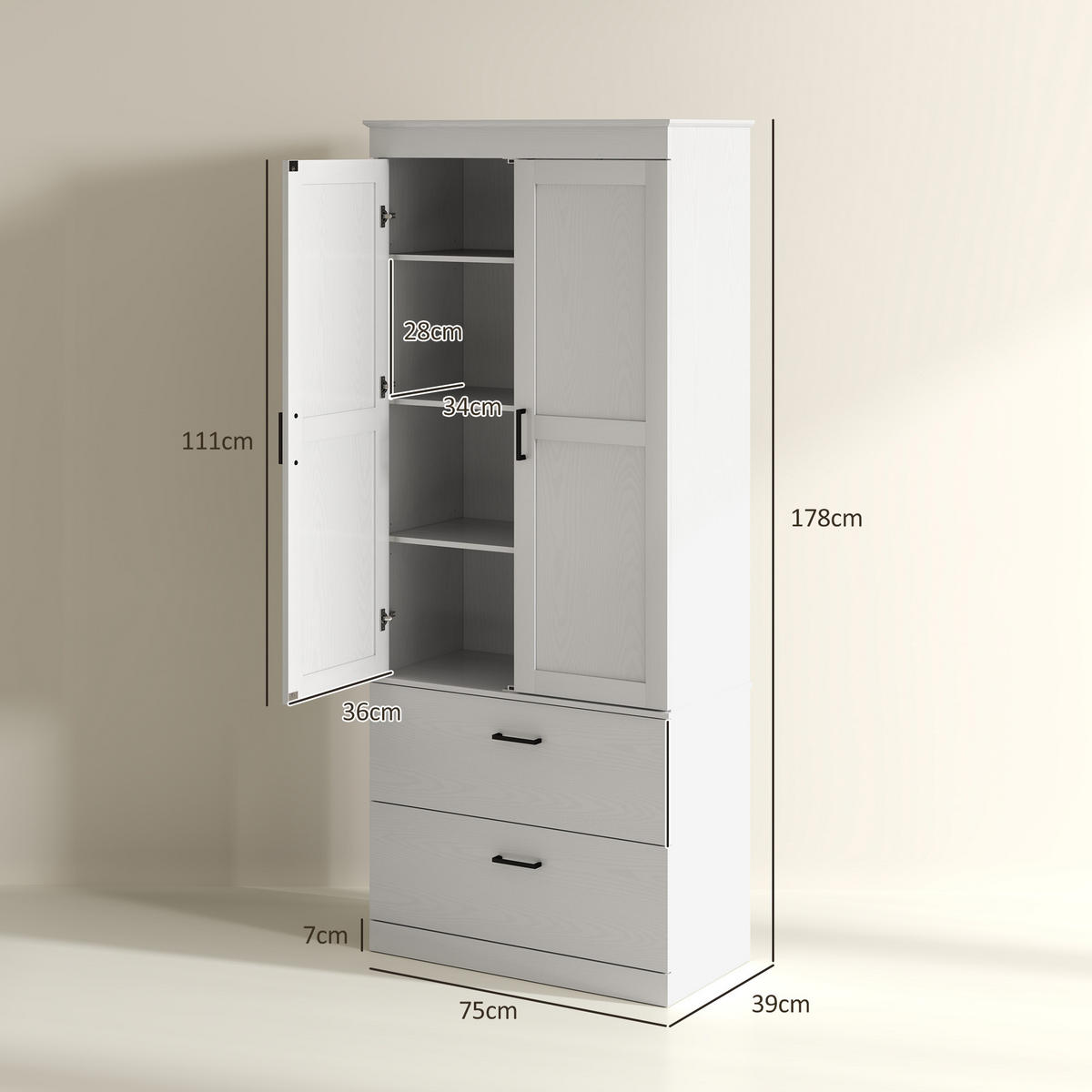 HIGHBOARD DE-11114 2 Schubladen & verstellbare Böden Creme - Weiß, Holzwerkstoff (39/178/75cm) - ComfortXL