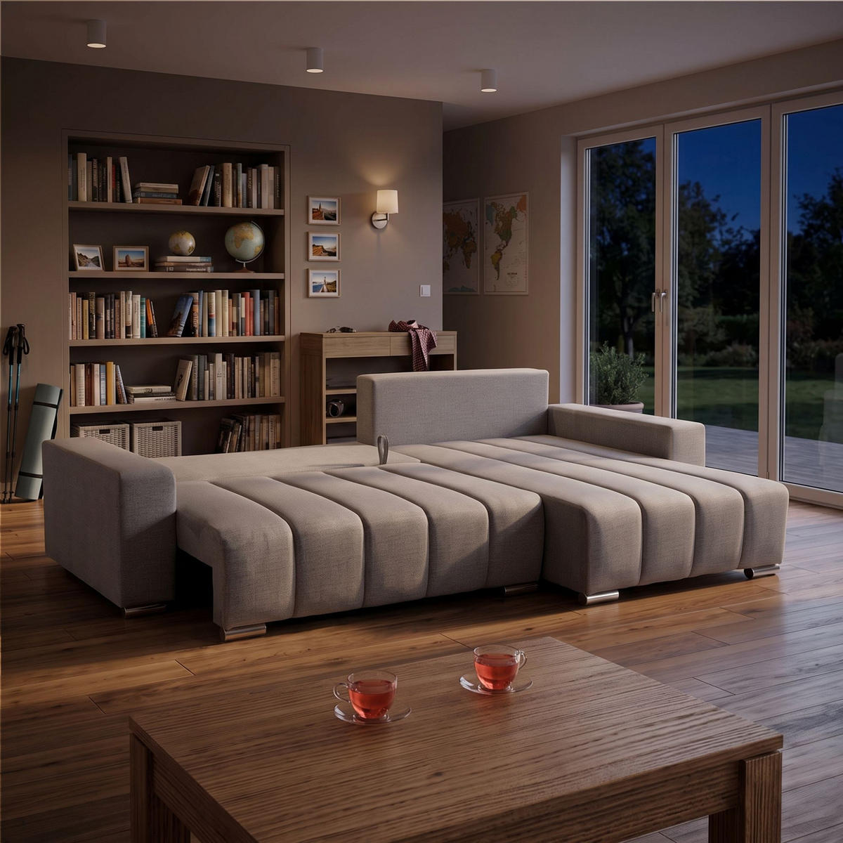 ECKSOFA Piano L Rechts mit Schlaffunktion 137x234 Velours Beige - Beige/Silberfarben, Holz/Textil (178/278cm) - Muffo