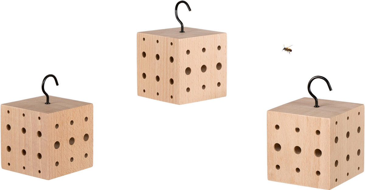 INSEKTENHOTEL klein aus Buche-Holz, 3er Set, hängend - Braun, Holz (8.3/12.2/8.3cm) - WONDERMAKE