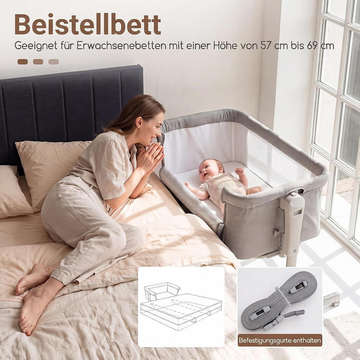 BABYWIEGE höhenverstellbar grau - Grau, Textil - COSTWAY