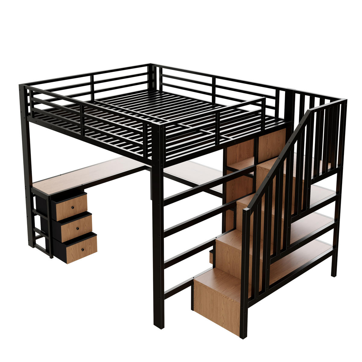 HOCHBETT 140/200 cm in Schwarz mit 4 Schubladen, LED, Schreibtisch und Ablage Metall Kinderbett - Schwarz, Holzwerkstoff/Metall (140/200cm) - STILVORA