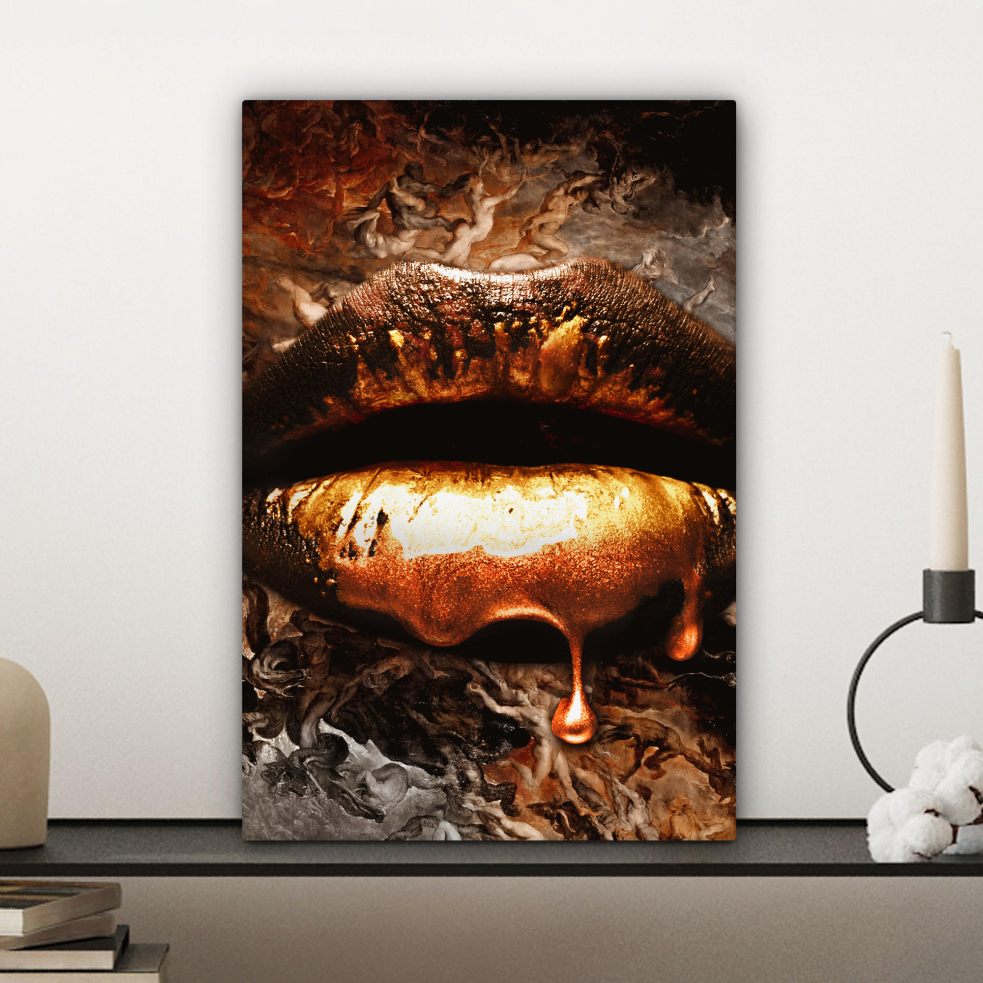 LEINWANDBILD Gold - Lippen - Kunst - Gold - Luxus - Abstrakt 20x30 cm - Kupferfarben, Textil (20/30cm) - MuchoWow