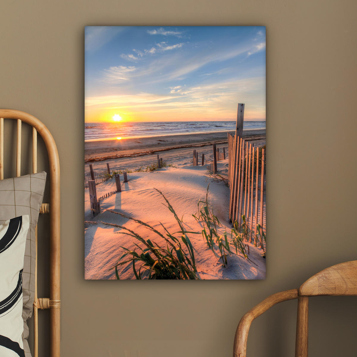 LEINWANDBILD Strand - Meer - Düne - Sonnenuntergang - Landschaft 60x80 cm - Beige, Textil (60/80cm) - MuchoWow