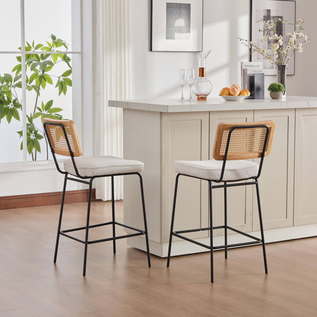 BARHOCKER DE-36881 2er-Set mit Chenille-Bezug und Rattan-Optik Elfenbein - Creme, Metall (59.8/96.5/46.2cm) - ComfortXL