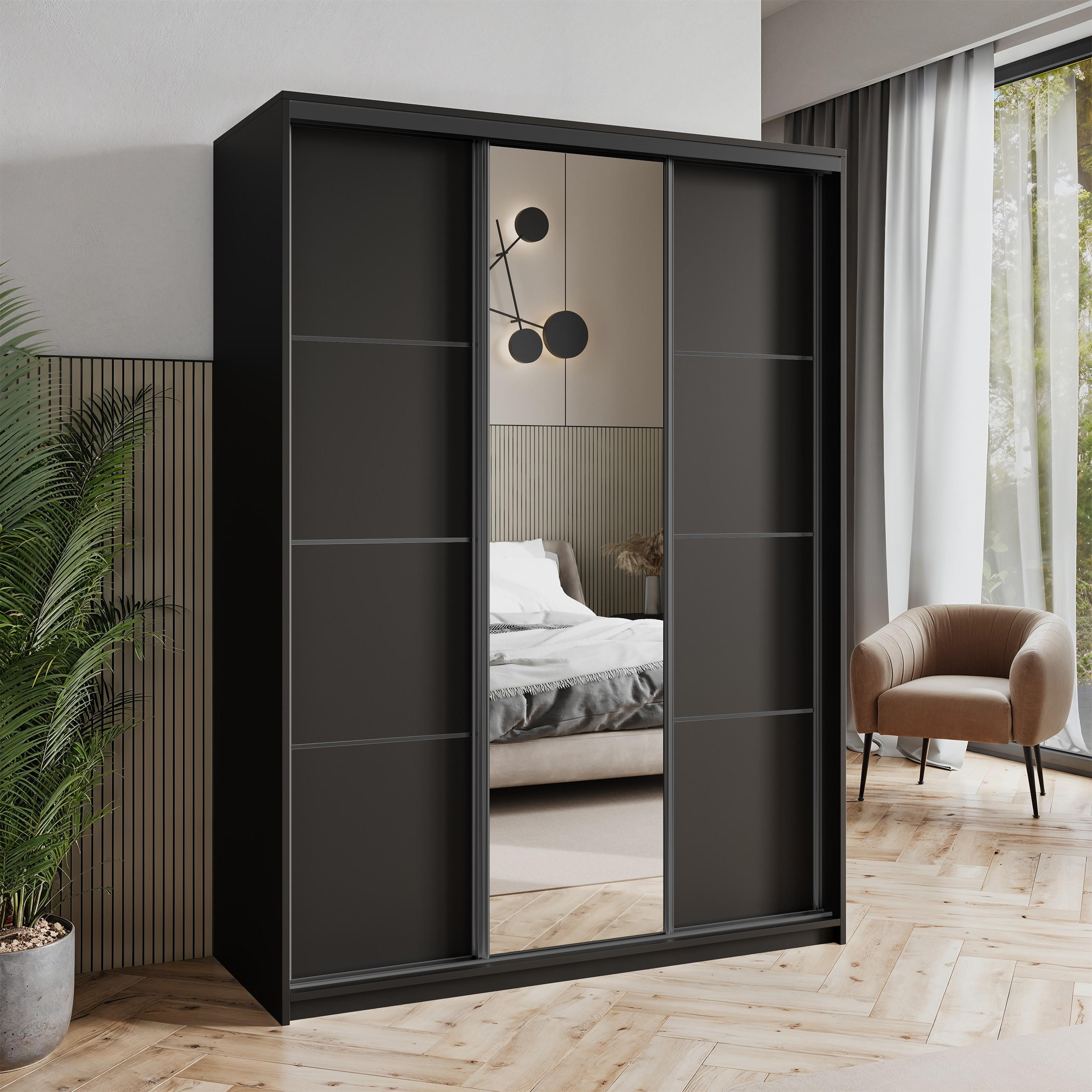SCHWEBETÜRENSCHRANK VARO 150/205/60 cm 3-türig mit Spiegel Schwarz - Schwarz, Holzwerkstoff (150/205/60cm) - MASSENO