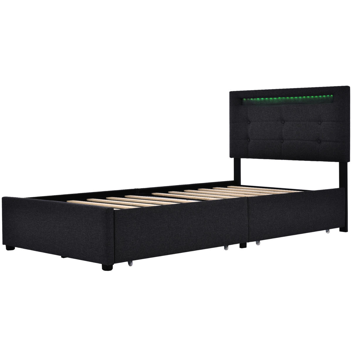 POLSTERBETT 90/200 cm in Schwarz mit LED-Beleuchtung und 2 Schubladen - Schwarz, Textil (90/200cm) - Flora Grace