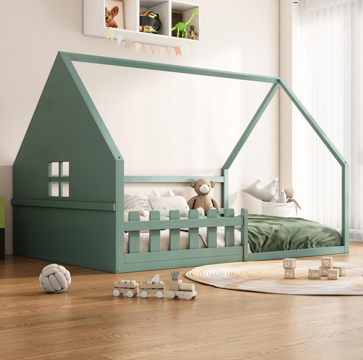 KINDERBETT 140/200 cm in Hausform mit Geländer aus Kiefer und MDF, Grün - Grün, Holzwerkstoff (140/200cm) - Redom