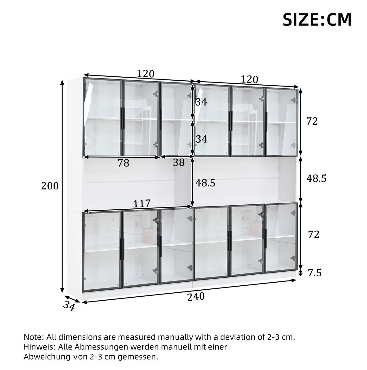VITRINE aus MDF & Glas 240x34x200cm in Weiß mit LED - Weiß, Holzwerkstoff (240/200/40cm) - Modfu